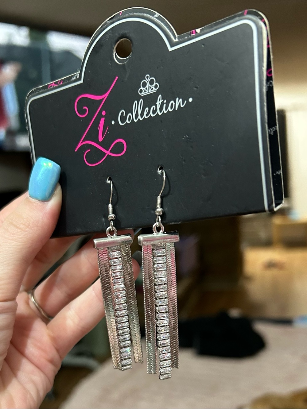 Zi Collection Silver Baguette Dangle Fringe Earrings